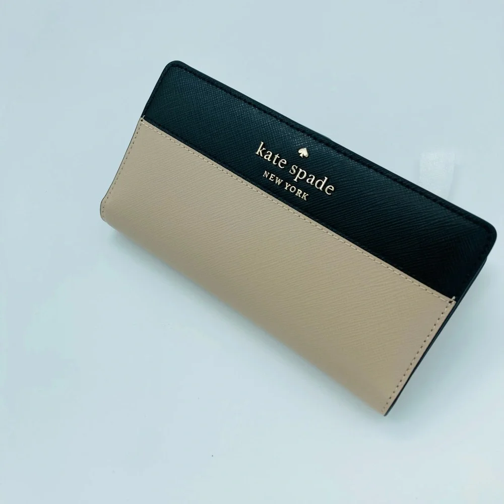 NWT KATE SPADE LARGE STACI SLIM BLACK & BIEGE BIFOLD WALLET